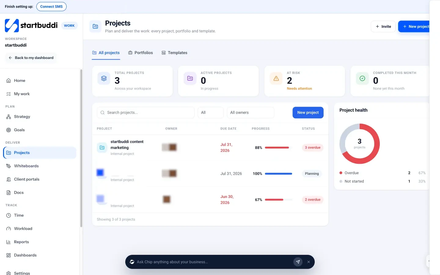 startbuddi: The Projects page shows every project with its owner, due date, progress, status and overall health