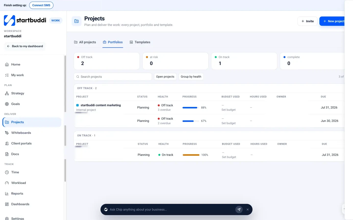 startbuddi: Portfolios compare every project's health, progress, budget and hours side by side