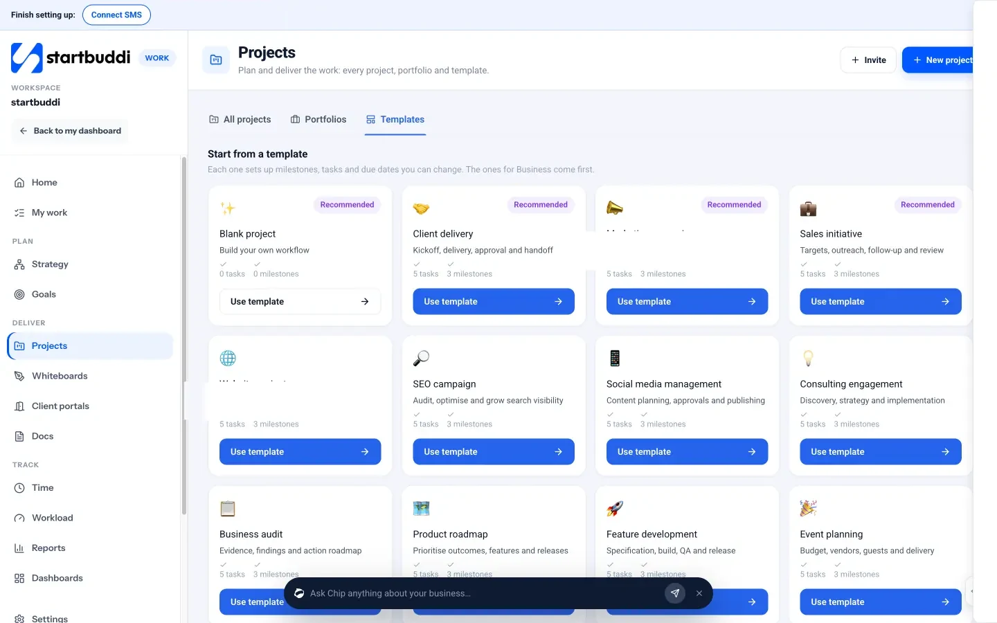 startbuddi: Project templates set up milestones, tasks and due dates you can change, with the ones for your type of business first