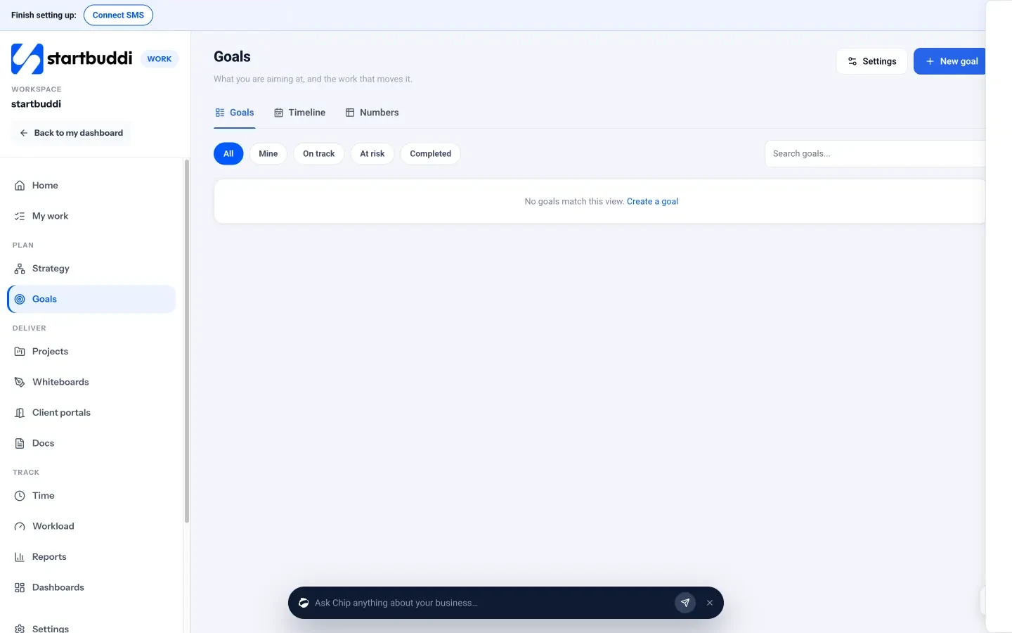 startbuddi: The Goals page in startbuddi Work, with Goals, Timeline and Numbers views