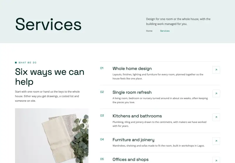 Alcove, Services page