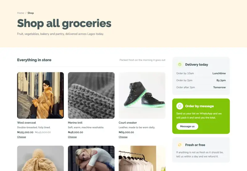 Basket, Shop page