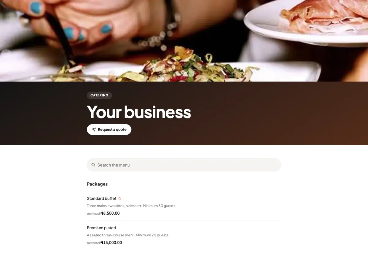 Catering Menu page, Menu app design