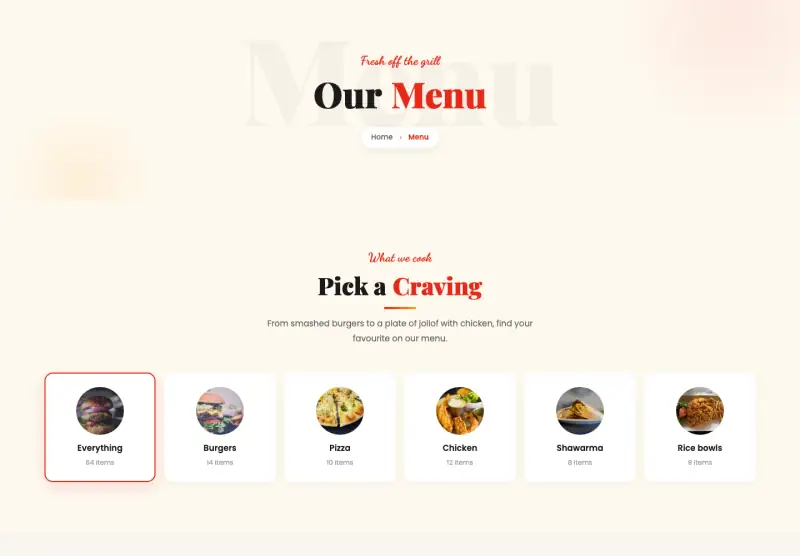 Crave, Menu page