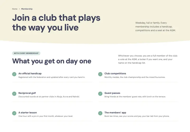 Fairway, Membership page