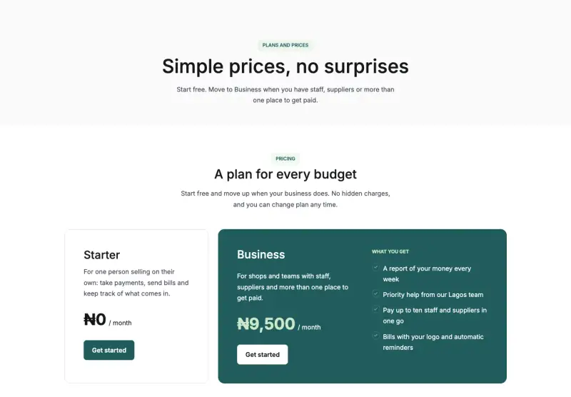 Ledger, Pricing page