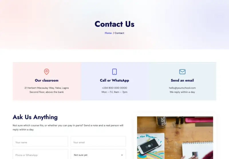 Quill, Contact page