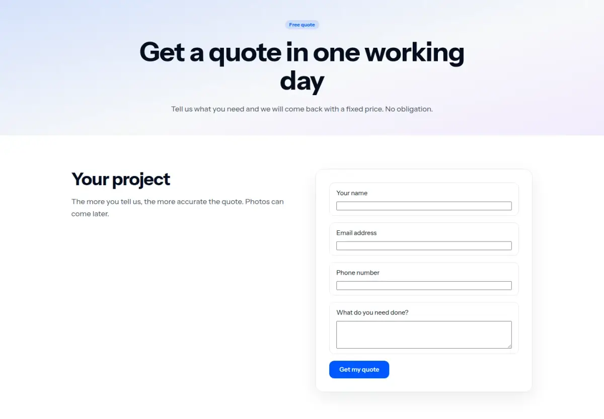 Preview of the Quote request template