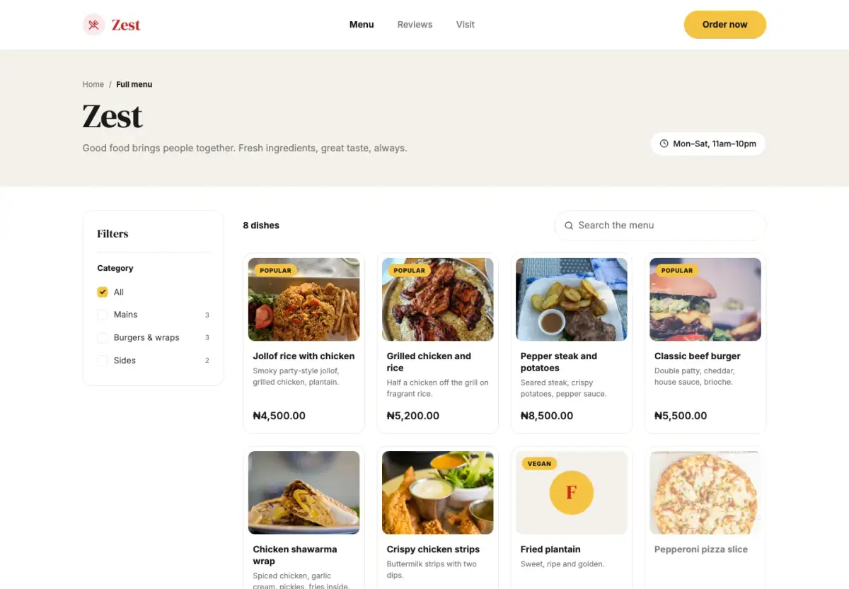 Restaurant Menu page, Full menu design
