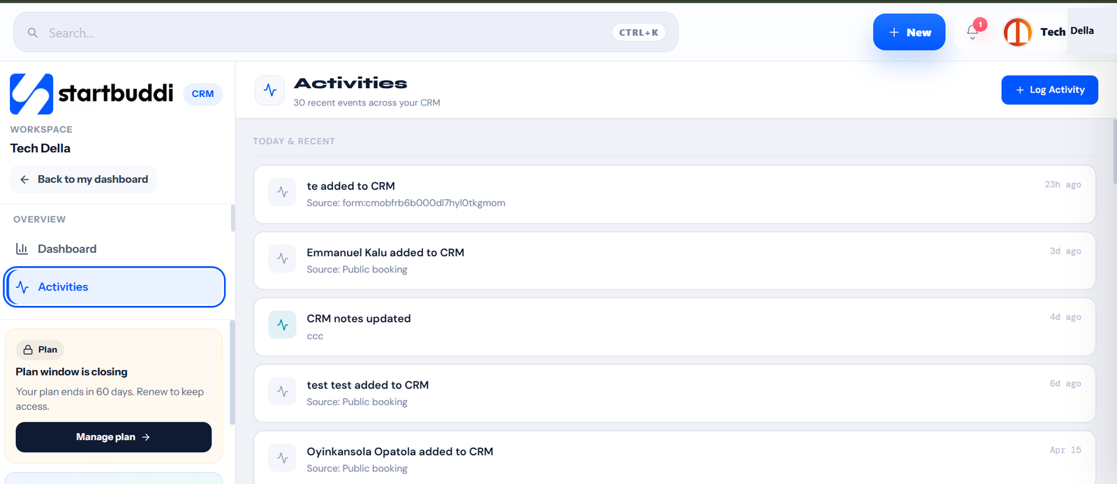 startbuddi CRM activities view