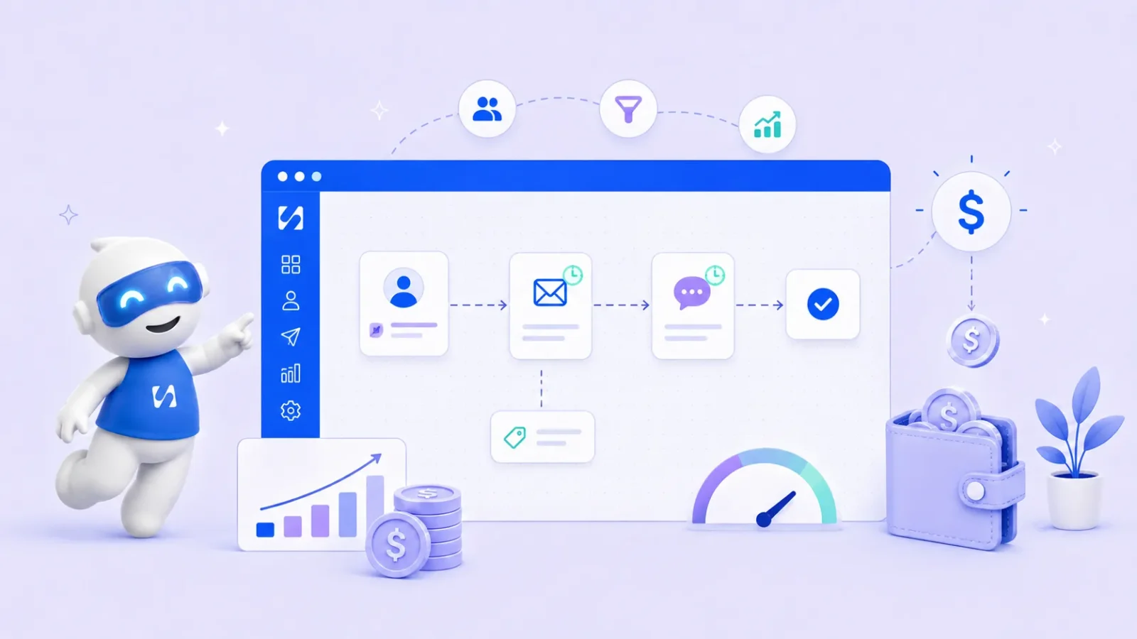 Chip beside an automated flow from new contact to email to message, with a speed gauge, coins and a wallet