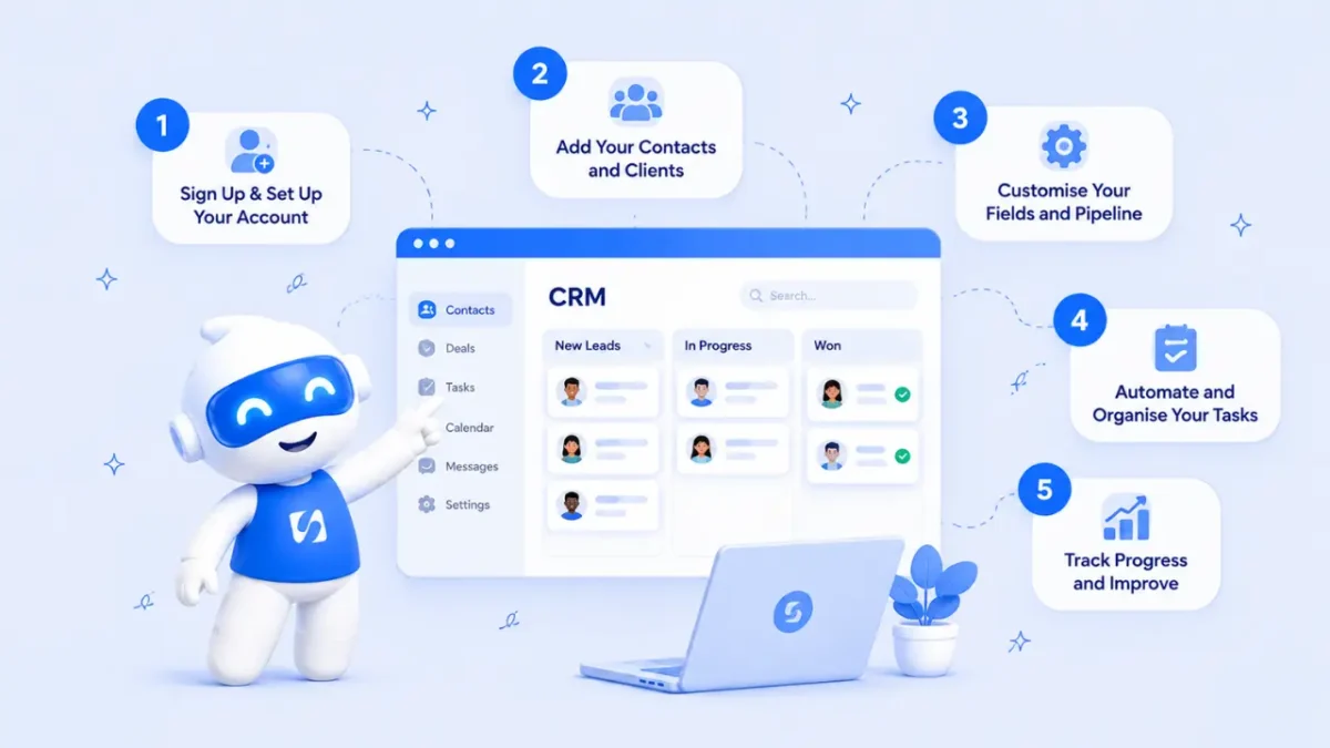 Chip beside a CRM board with five setup steps: sign up, add contacts, customise fields, automate tasks and track progress