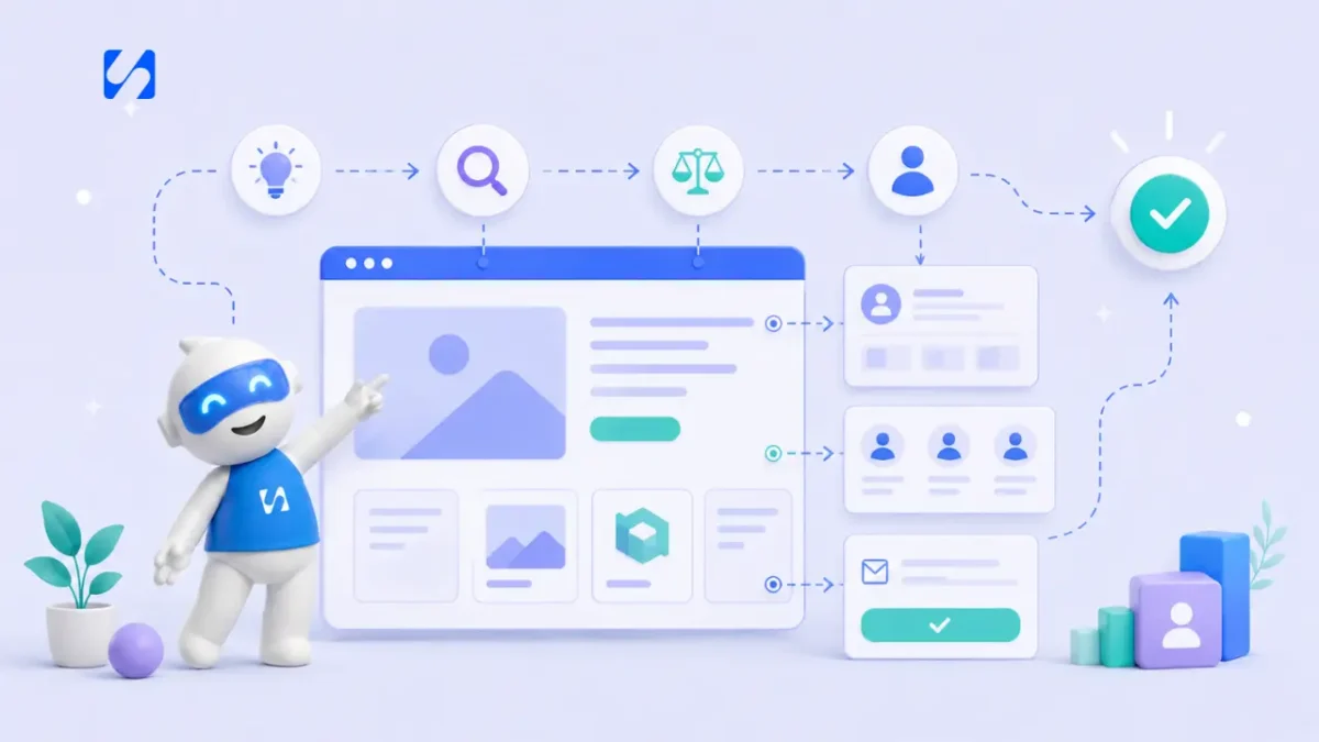 Chip pointing at a customer's path from first idea to research, comparison and a decision, above a web page