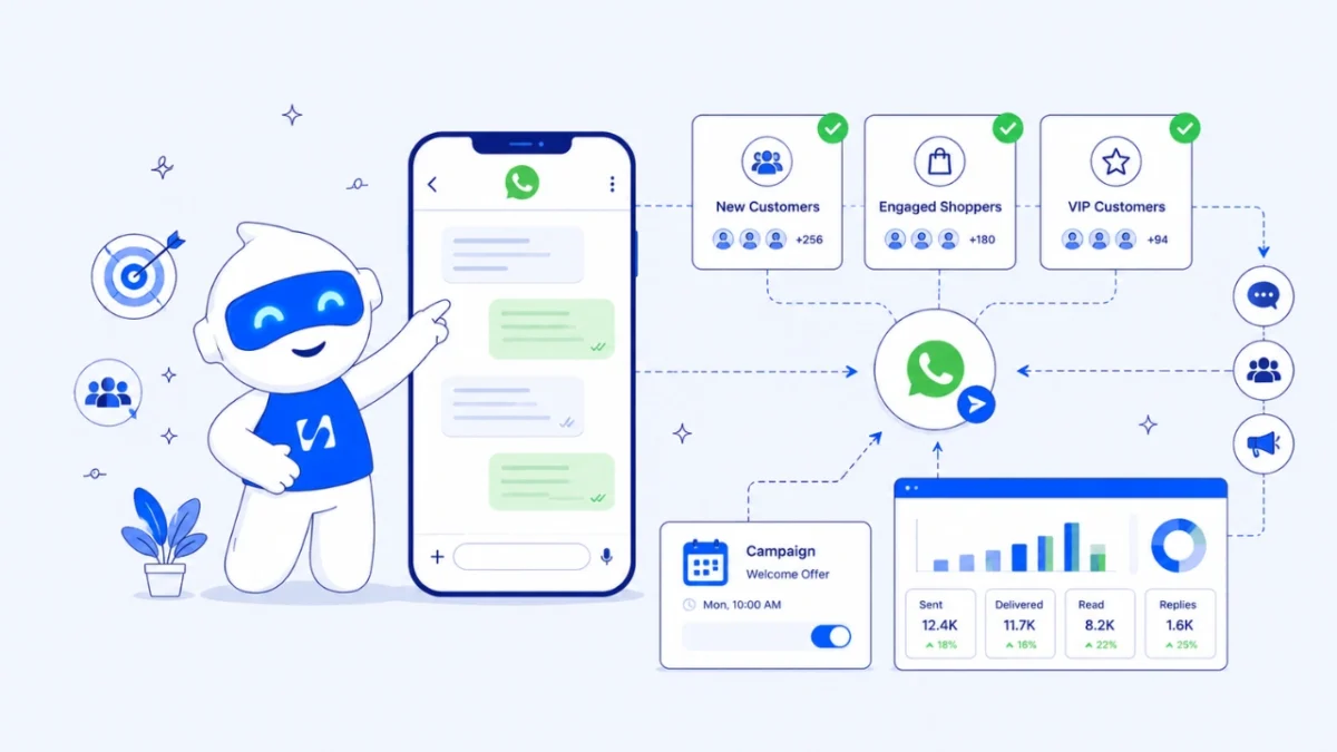 Chip pointing at a WhatsApp chat and a campaign sent to groups of customers, with delivery and reply counts
