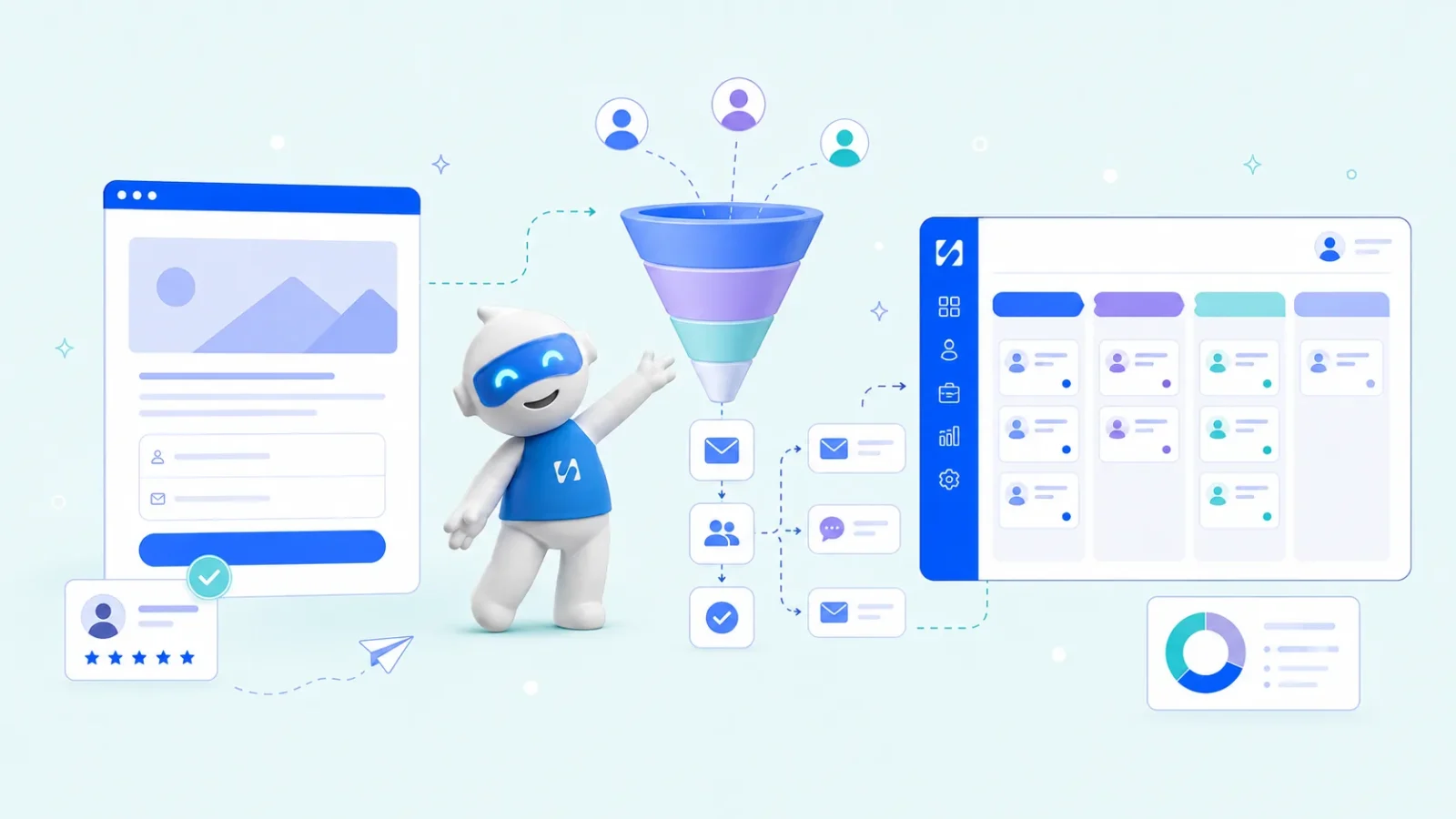Chip beside a funnel that takes form sign-ups, sends emails and adds each lead to a pipeline