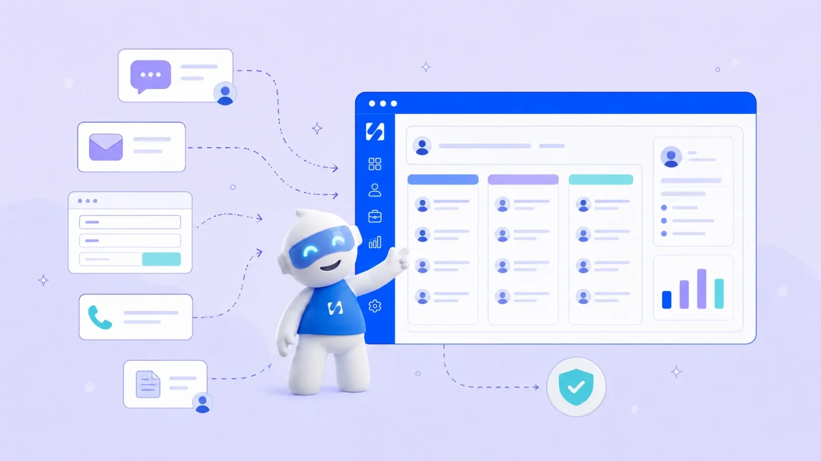 Chip pointing at a contact board where messages, emails, forms, calls and documents are sorted into one place