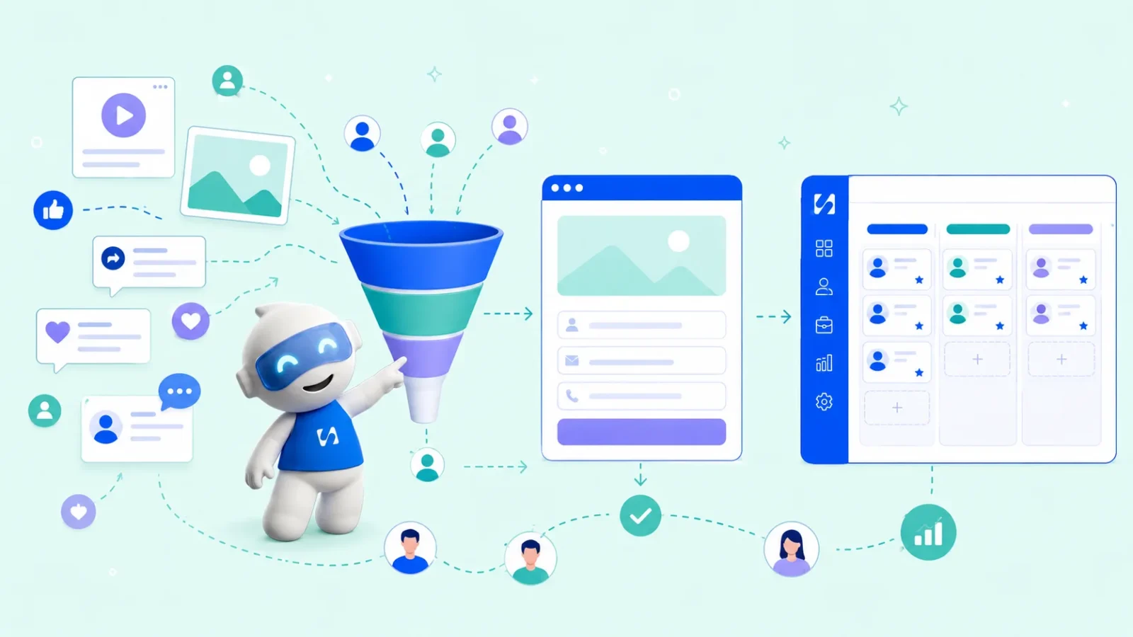 Chip beside a funnel that turns social media likes, shares and comments into sign-ups on a form and a contact board