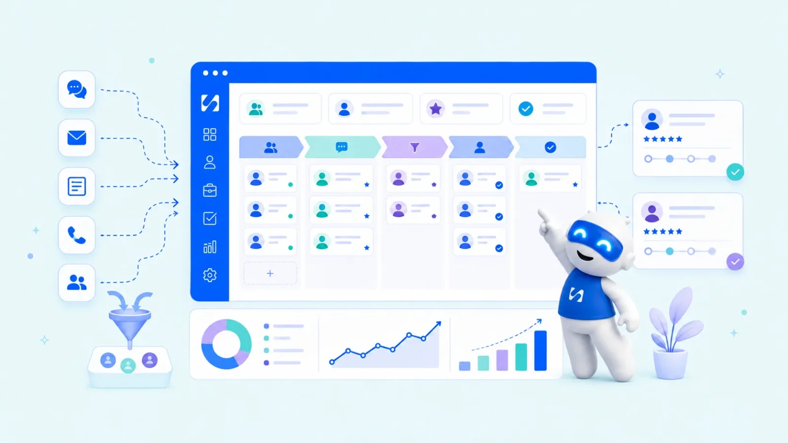 Chip pointing at a lead pipeline fed by chat, email, forms, calls and referrals