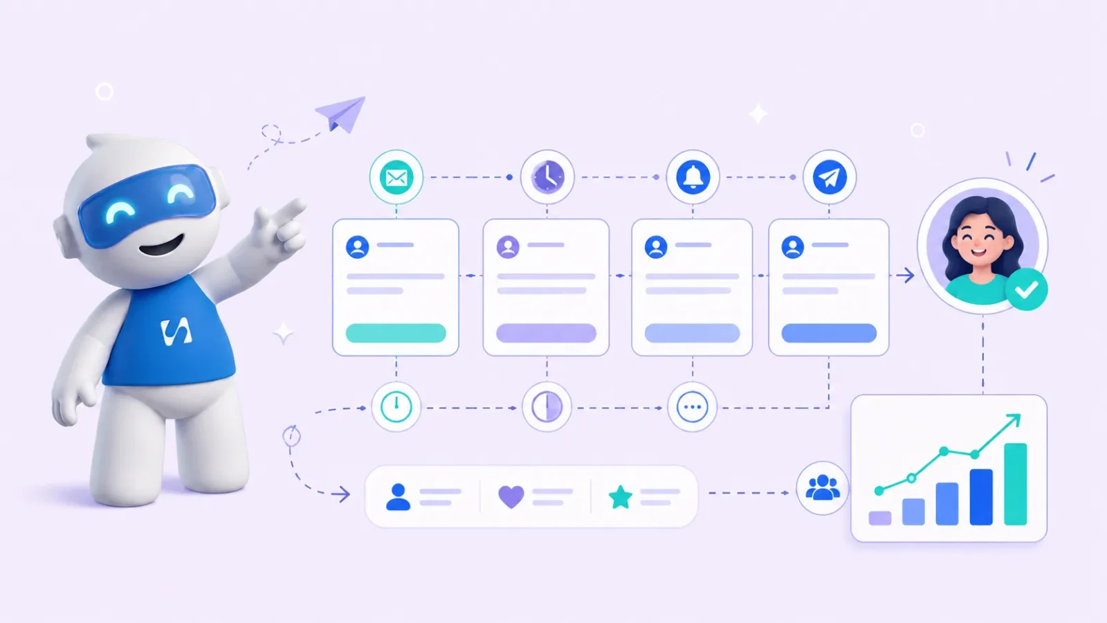 Chip pointing at a follow-up timeline of email, wait, reminder and message that ends with a happy customer