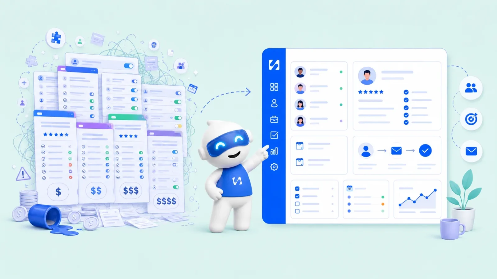 Chip leaving a stack of priced plans and settings for one simple client dashboard