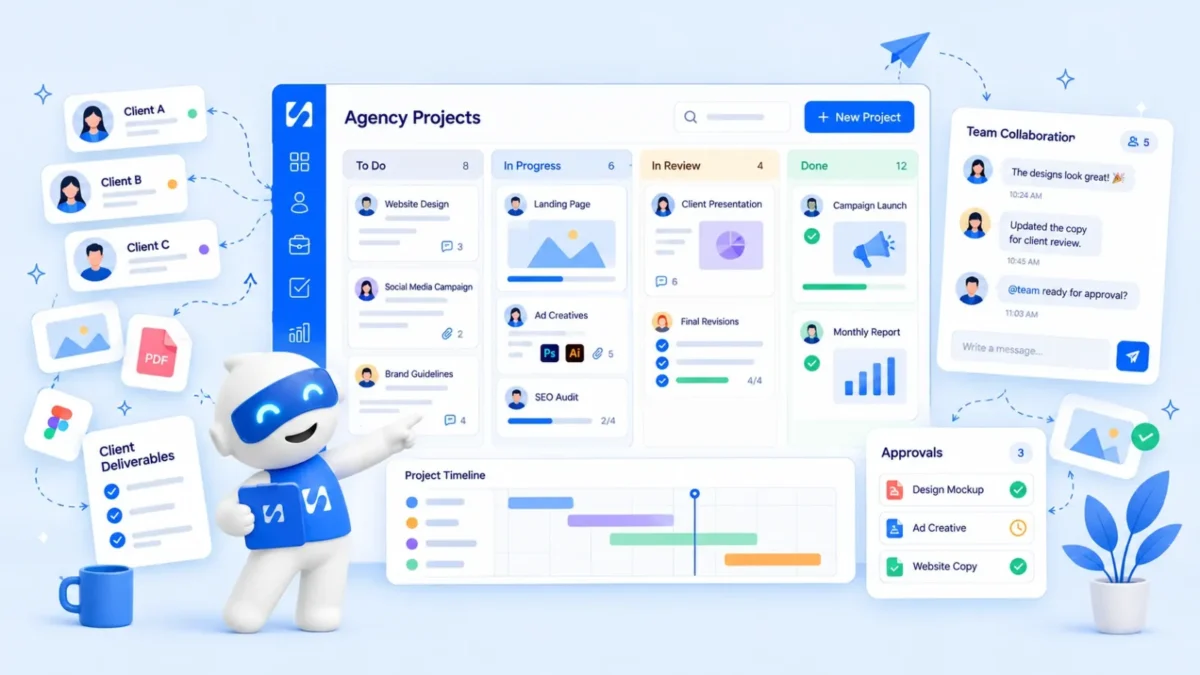 Chip points at an agency project board with to do, in progress, review and done columns, a timeline, client approvals and team chat, illustrating project management for agencies