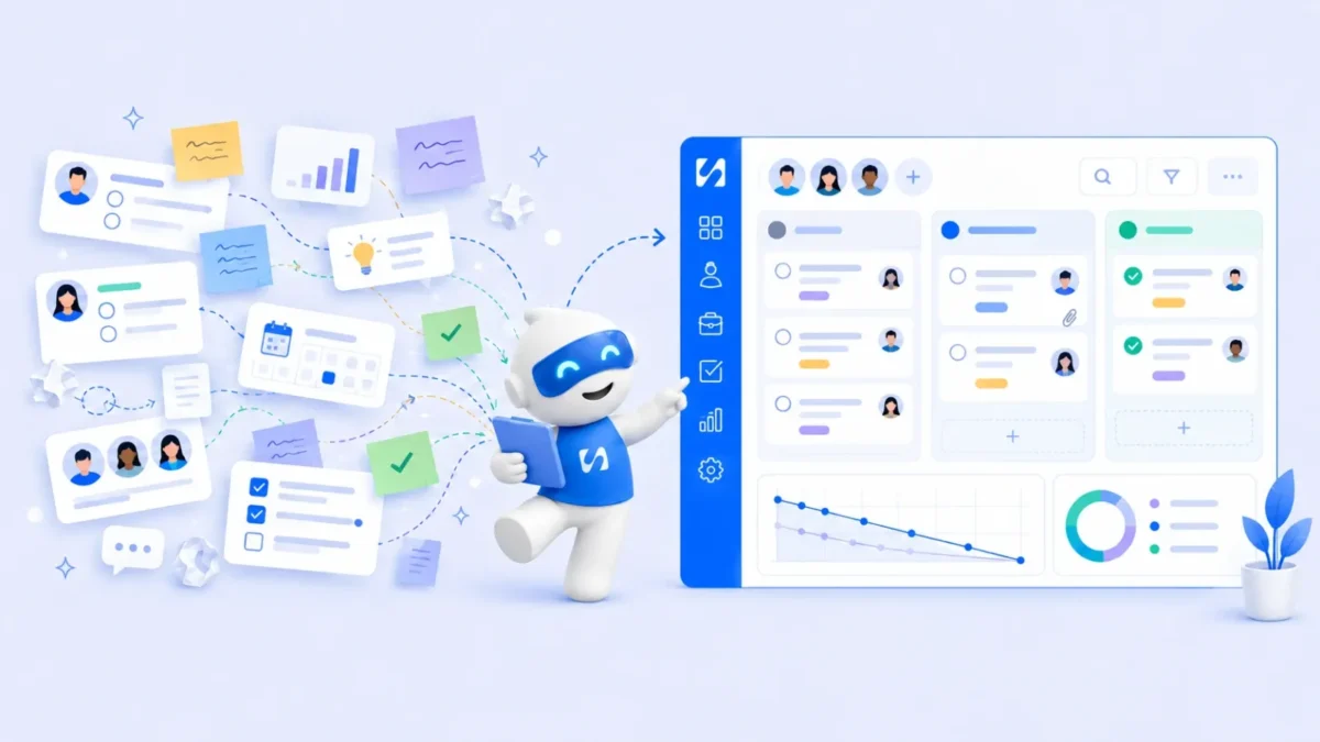 Chip with a clipboard turns sticky notes, ideas and checklists into a team task board with a burndown chart, illustrating agile project management for small teams