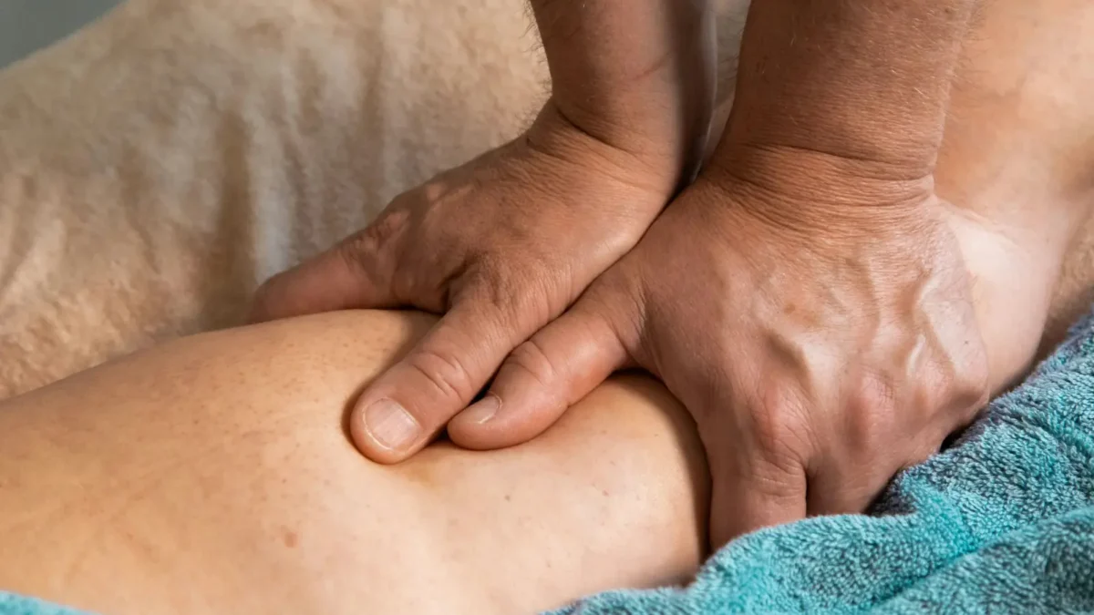 Massage therapist working on a client's shoulders in a calm treatment room with folded towels, a setting for booking software for massage therapists