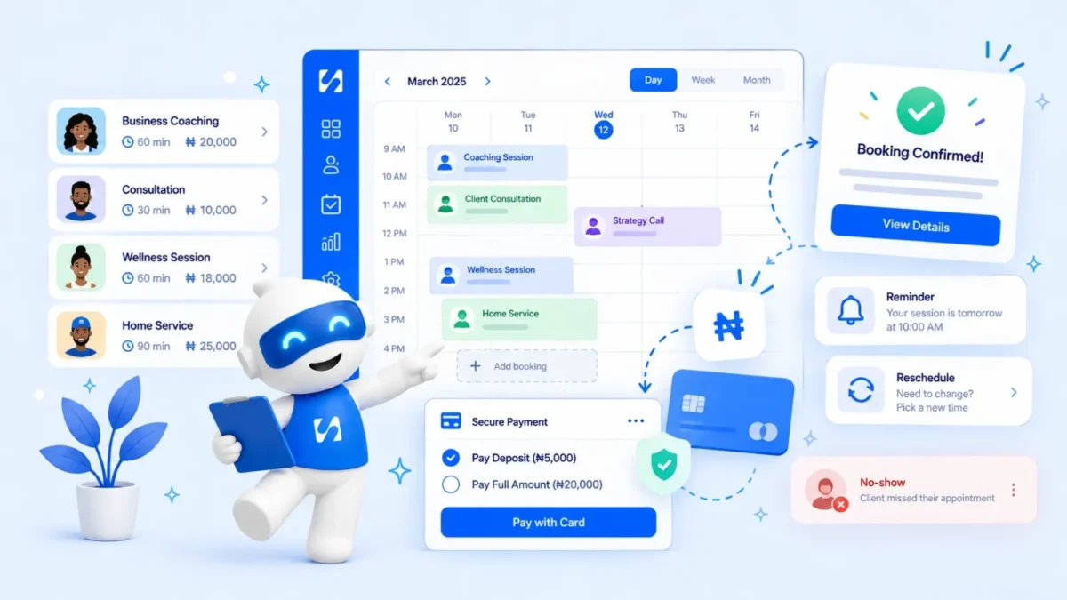 Chip beside a booking calendar with naira-priced sessions, a deposit payment, a booking confirmation, a reminder and a reschedule option, illustrating booking software for coaches and service businesses in Nigeria