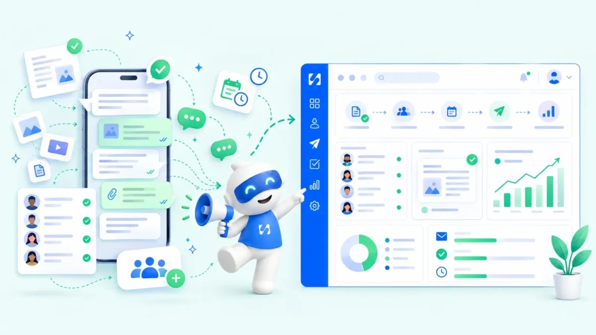 Chip with a megaphone sends broadcast messages from a phone to a contact list, feeding a campaign dashboard with a send flow and results, illustrating bulk WhatsApp marketing in Nigeria