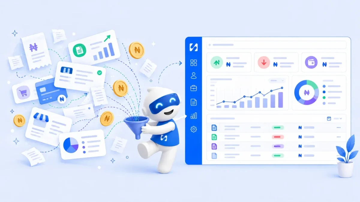 Chip funnels receipts, card payments and naira coins into a finance dashboard with money in, money out, a cash chart and a transactions list, illustrating business finance manager software