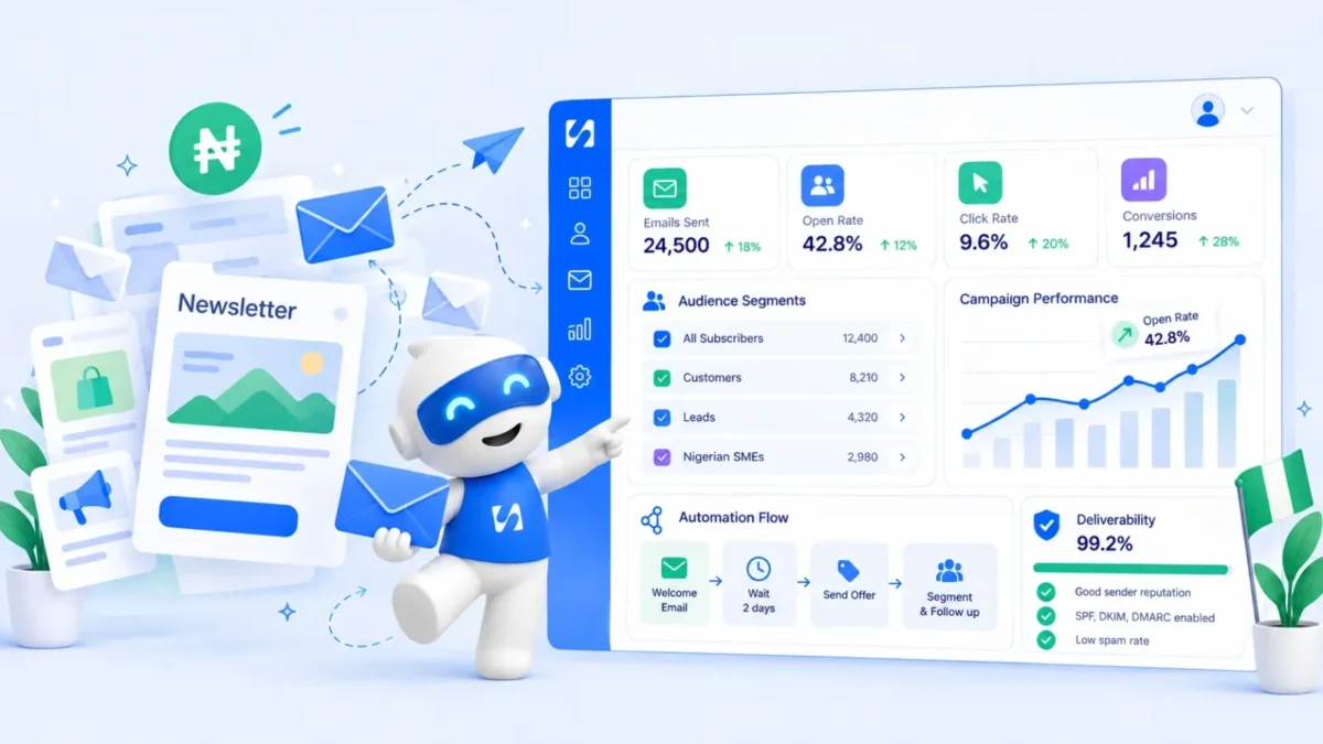 Chip sends a newsletter from an email dashboard with audience segments, a welcome automation and deliverability checks, illustrating email marketing tools for Nigerian businesses