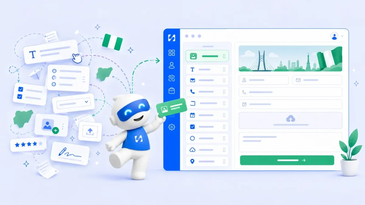 Chip drags text, checkbox, upload, rating and signature fields into a form builder with a Lagos banner and a Nigerian flag, illustrating a free form builder in Nigeria