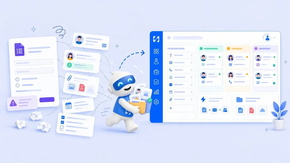 Chip carries files and responses from a basic online form into a startbuddi form builder with fields, a client board and automations, illustrating a Google Forms alternative for agencies
