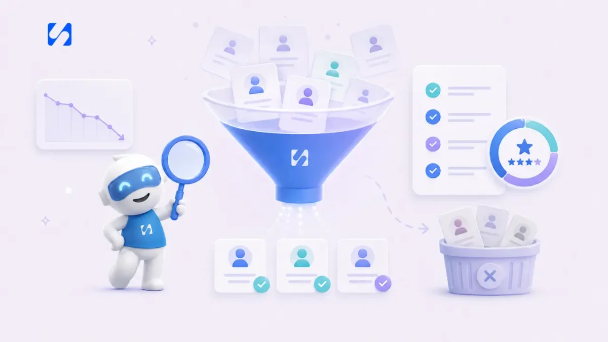 Chip with a magnifying glass beside a funnel that turns many visitors into a few checked contacts