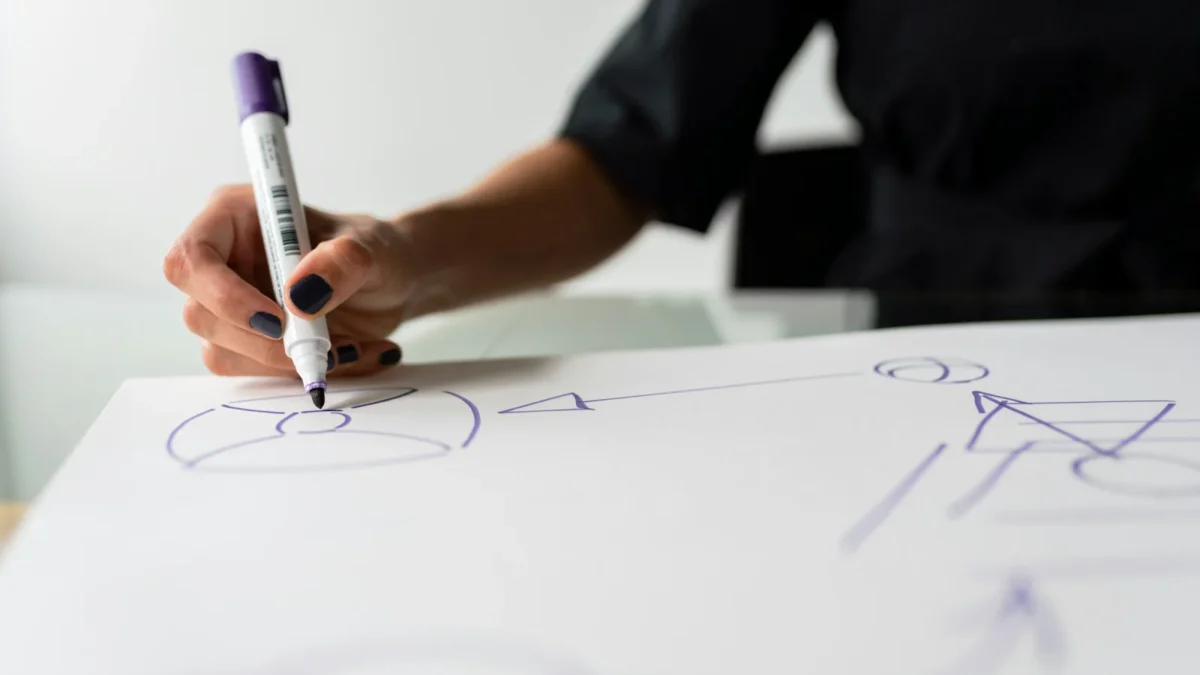 Hand drawing simple shapes and arrows with a purple marker on a large sheet of paper, sketching an HR operating model