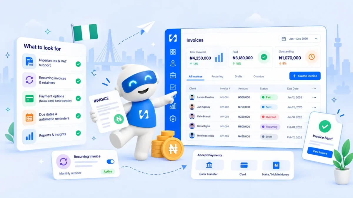 Chip holds a naira invoice beside a checklist of what to look for and an invoices dashboard with paid, sent, overdue and recurring bills, illustrating invoicing software for agencies in Nigeria