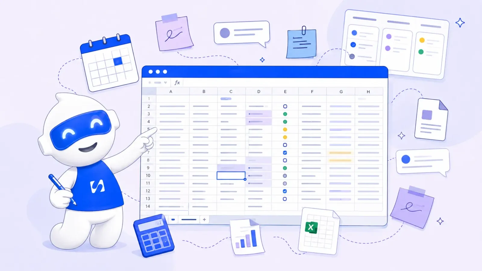 Chip pointing at a busy spreadsheet surrounded by sticky notes, a calendar and a calculator