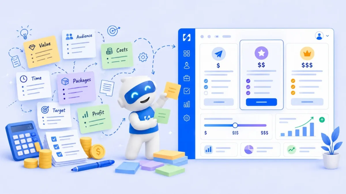Chip turns notes on value, costs, time and audience into three pricing tiers on a dashboard, illustrating how to price your services when you are starting out