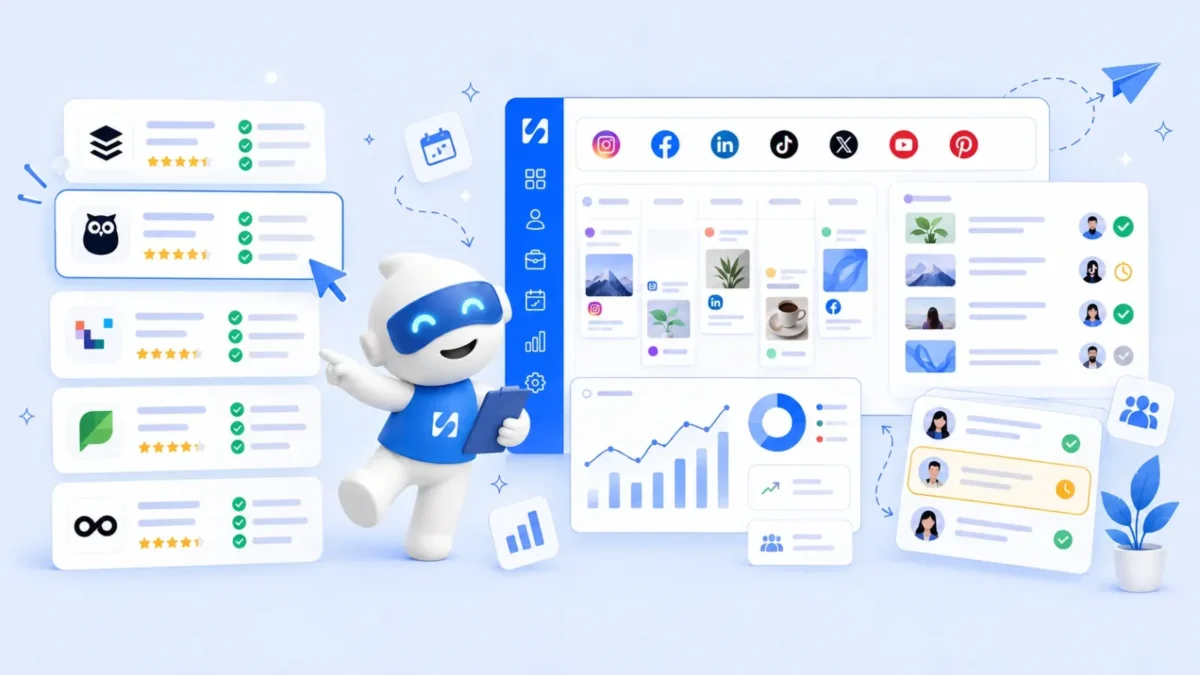 Chip with a clipboard picks from a list of rated social media tools next to a planner with posts for Instagram, Facebook, LinkedIn, TikTok and more, illustrating social media management tools for agencies