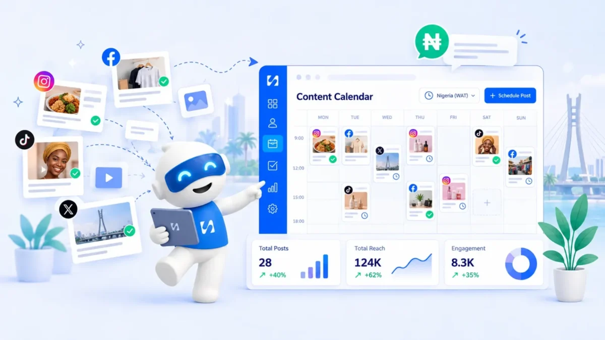 Chip schedules Instagram, Facebook, TikTok and X posts into a weekly content calendar set to Nigeria time, illustrating a social media scheduler in Nigeria