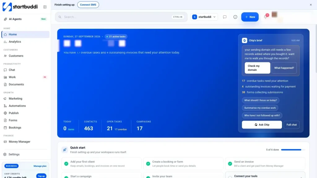 startbuddi app screen: home dashboard