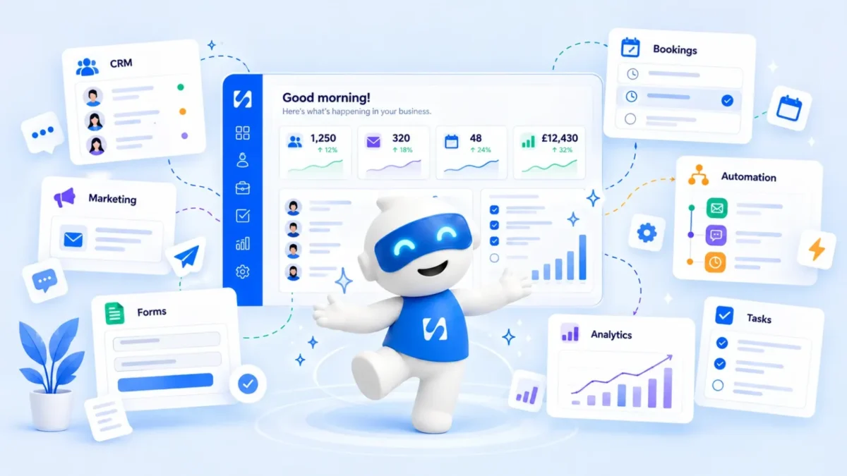 Chip, the startbuddi AI assistant, stands in front of a Good morning dashboard surrounded by CRM, marketing, forms, bookings, automation, analytics and tasks panels, illustrating Chip, the AI assistant that knows your business