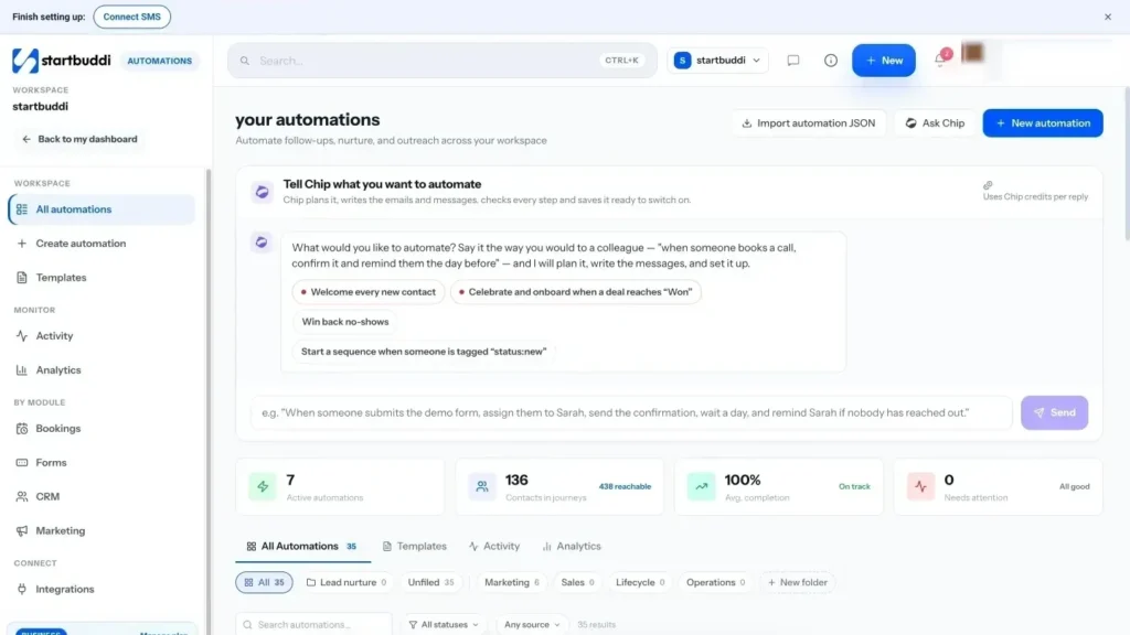 startbuddi app screen: Automations home
