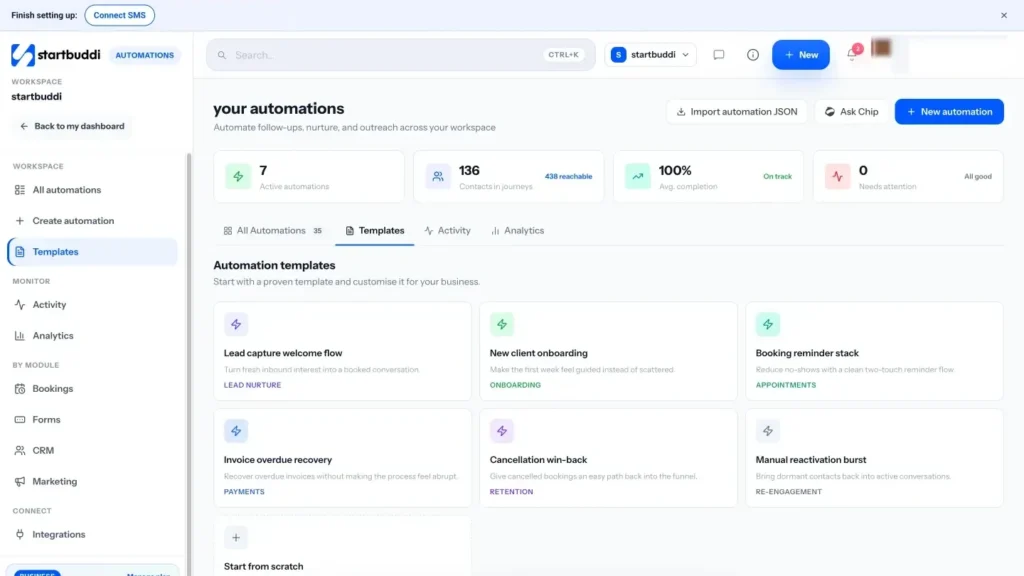 startbuddi app screen: Automations templates