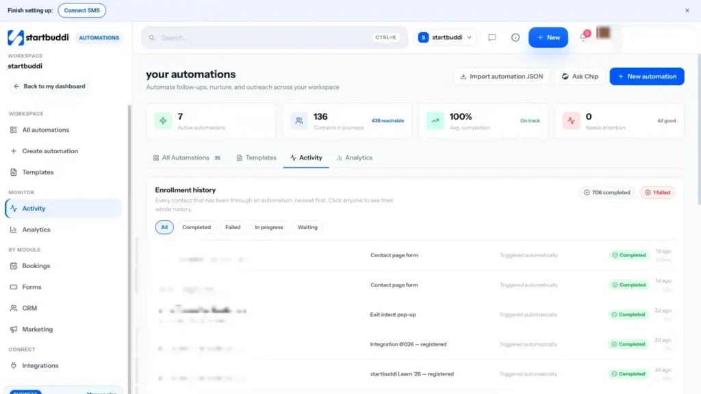 startbuddi app screen: Automations activity