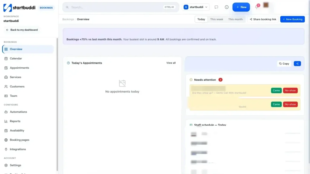 startbuddi app screen: Bookings dashboard