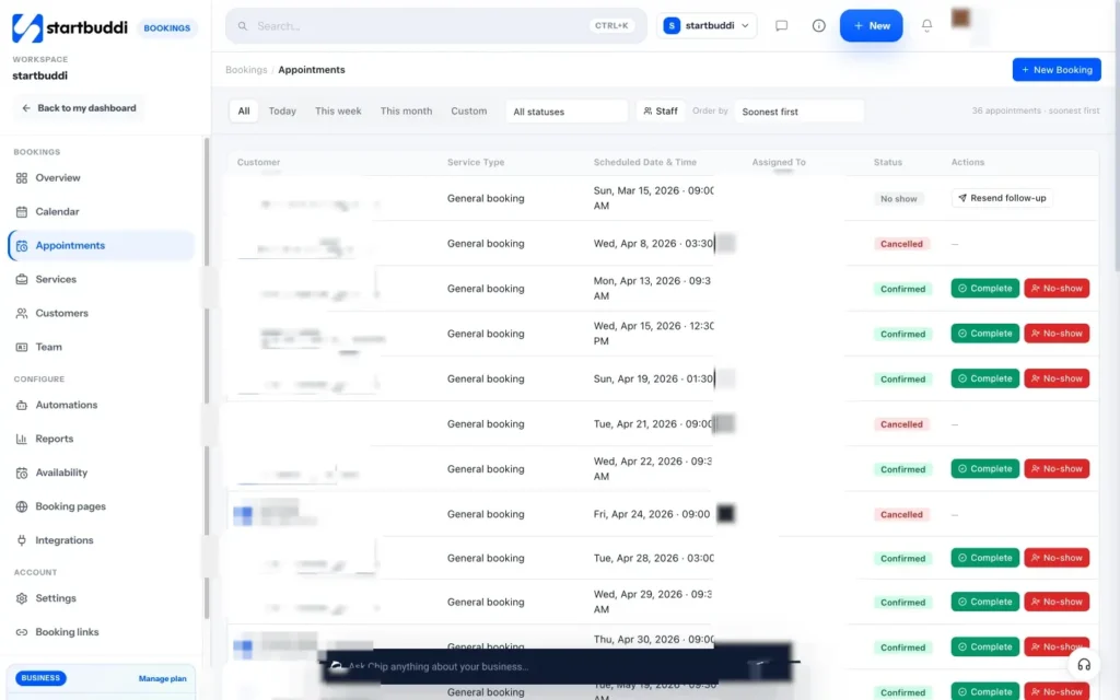 startbuddi app screen: Bookings appointments