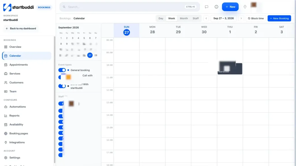 startbuddi app screen: Bookings calendar