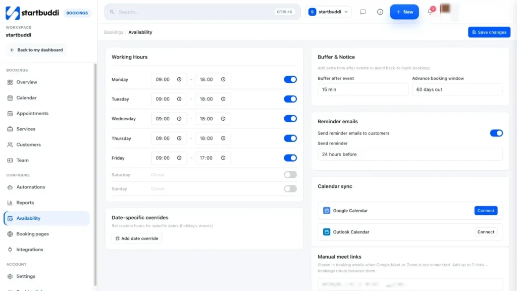 startbuddi app screen: Bookings availability