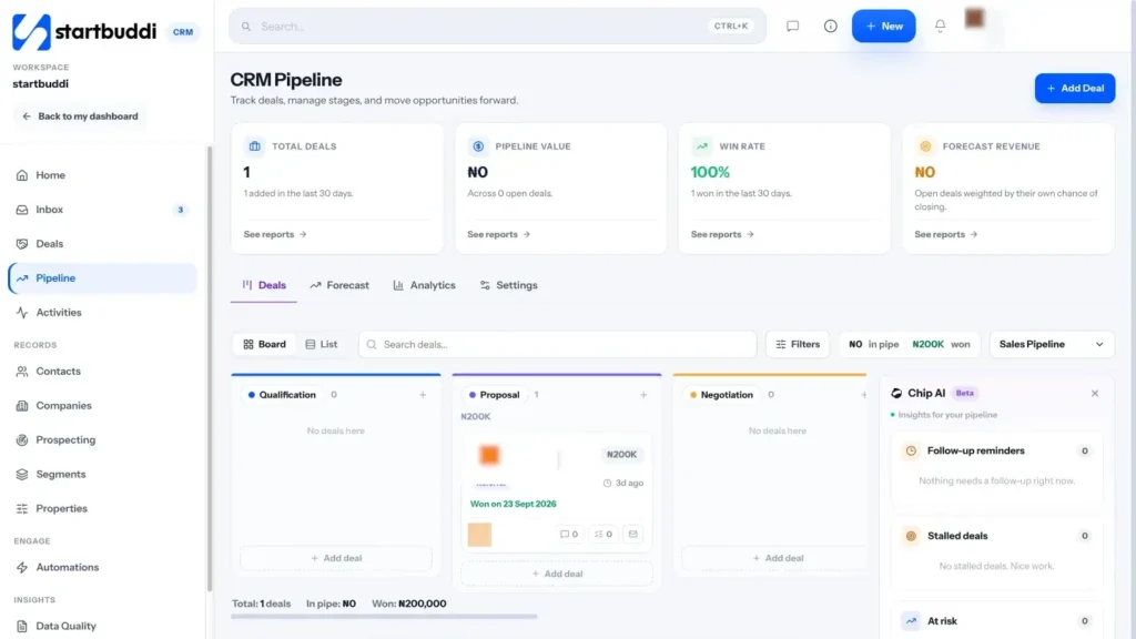 startbuddi app screen: Customers pipeline